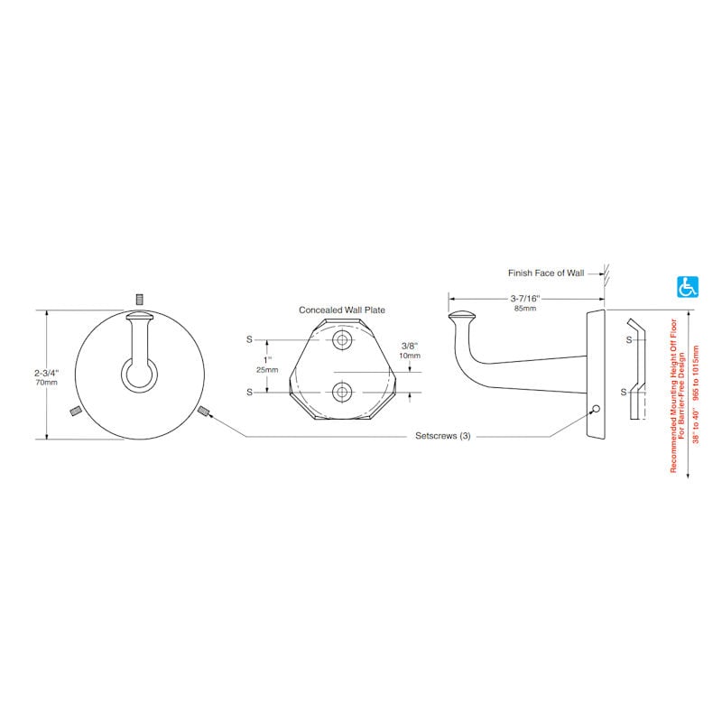 Bobrick Heavy Duty Clothes Hook with Concealed mounting, Dimensions