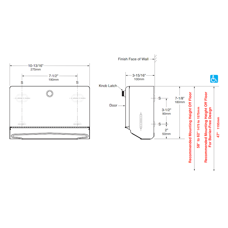 Bobrick Mini Paper Towel Dispenser with Knob-Latch, B-2621, dimensions