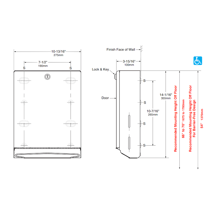 Bobrick Classic Slimline Paper Towel Dispenser, B-262, dimensions