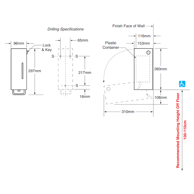 Bobrick TrimLine Cartridge Foam Soap Dispenser 500ml, B-26627, dimensions