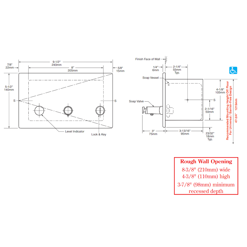 Bobrick Recessed Soap Dispenser 1.3L, B-306 dimensions