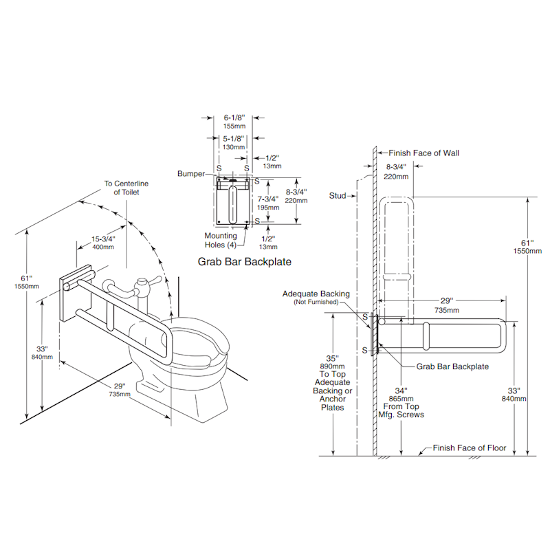 Bobrick Swing Up Grab Bar, B-4998, dimensions