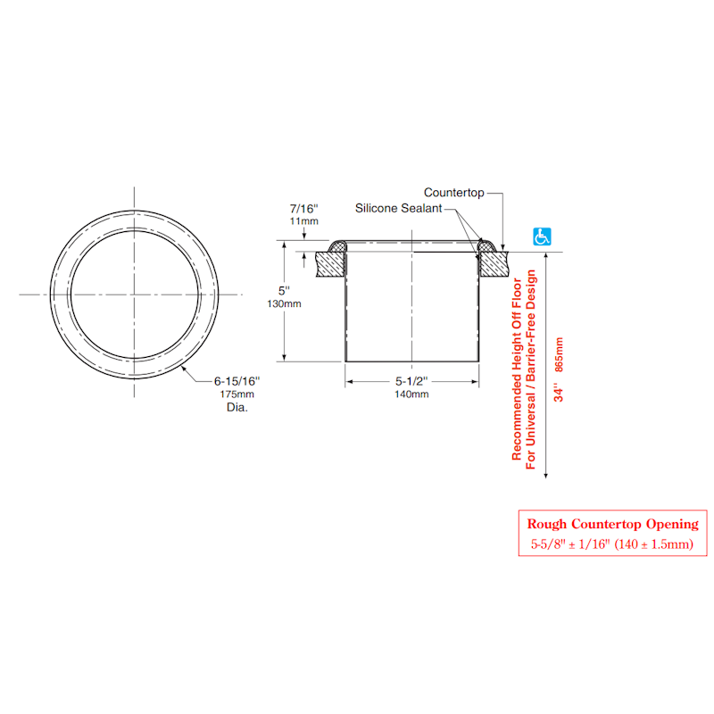 Bobrick Circular Waste Chute 176mm Diameter, B-529, dimensions