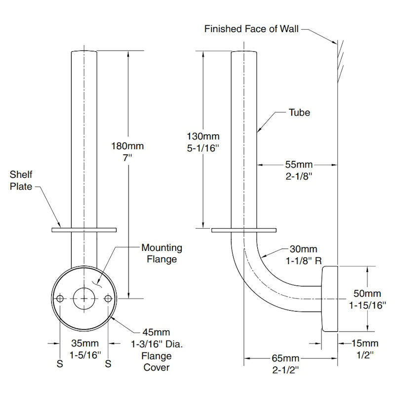 Bobrick Spare Toilet Roll Holder, B-541, dimensions
