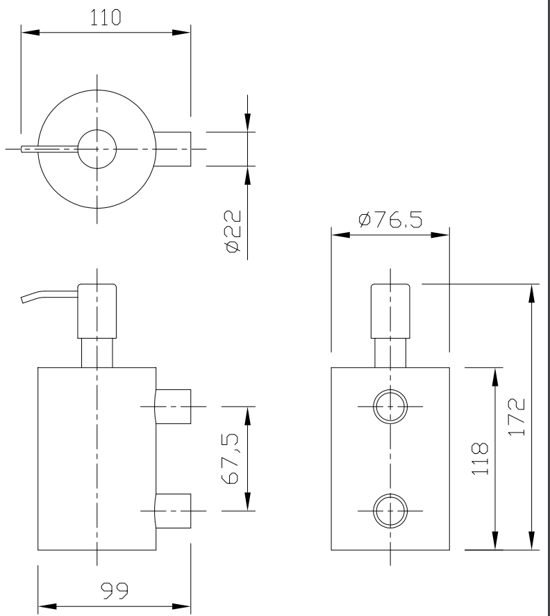Dolphin 400ml Polished Stainless Steel Soap Dispenser drawing
