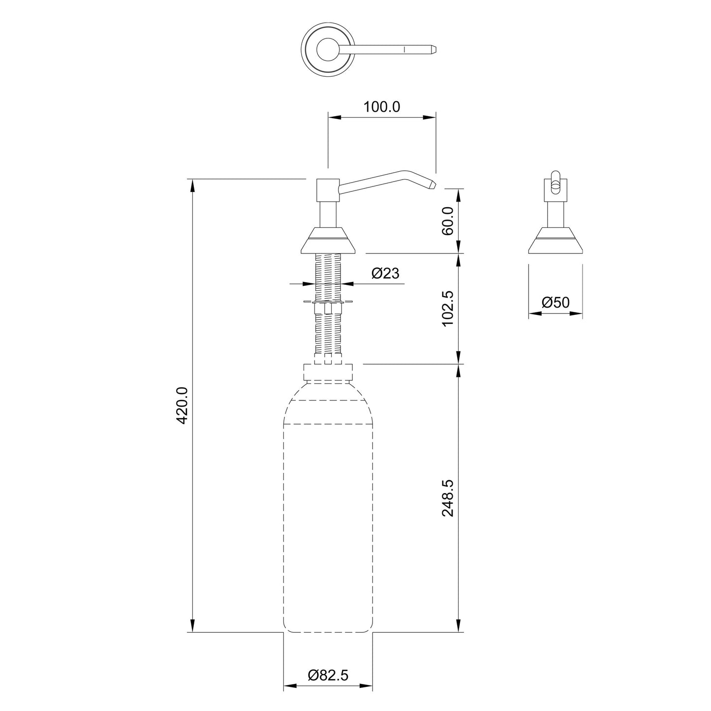 Dolphin Counter Mounted Soap Dispenser 100mm Spout Drawing