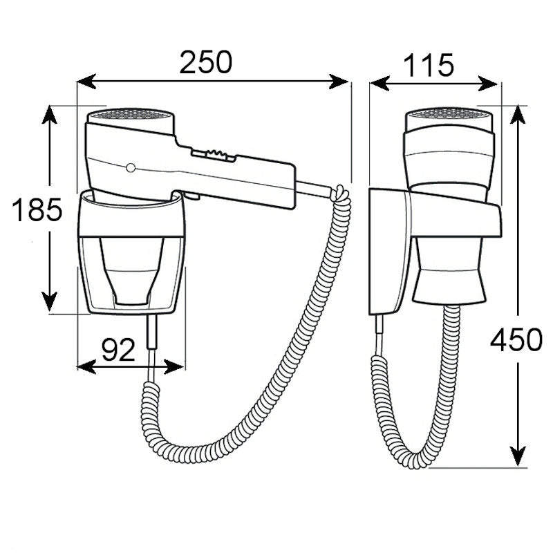 Valera Action Wall Mounted Black & Chrome Hair Dryer 1200w Dimensions