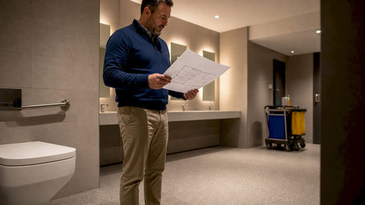 Facility manager reviewing ergonomic washroom layout