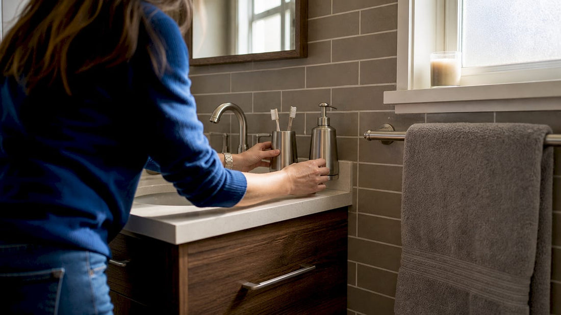 Homeowner arranging coordinated bathroom accessories