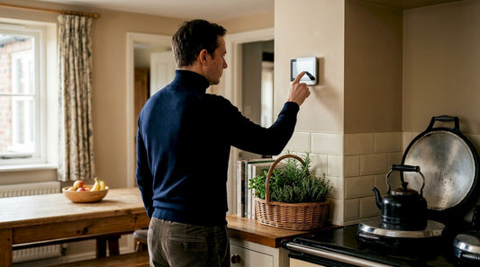 Homeowner adjusting heating thermostat in living room