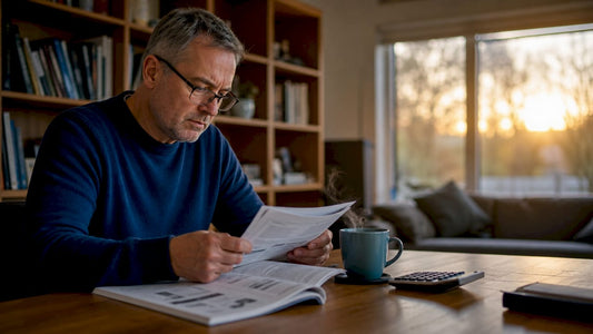 Man reviewing heating system manual at kitchen desk