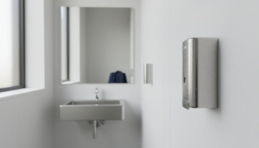Brushed stainless steel soap dispenser in washroom
