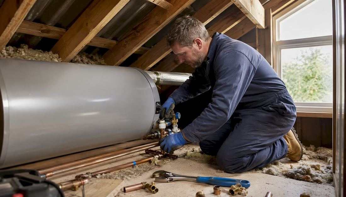 Plumber installing horizontal water heater in loft