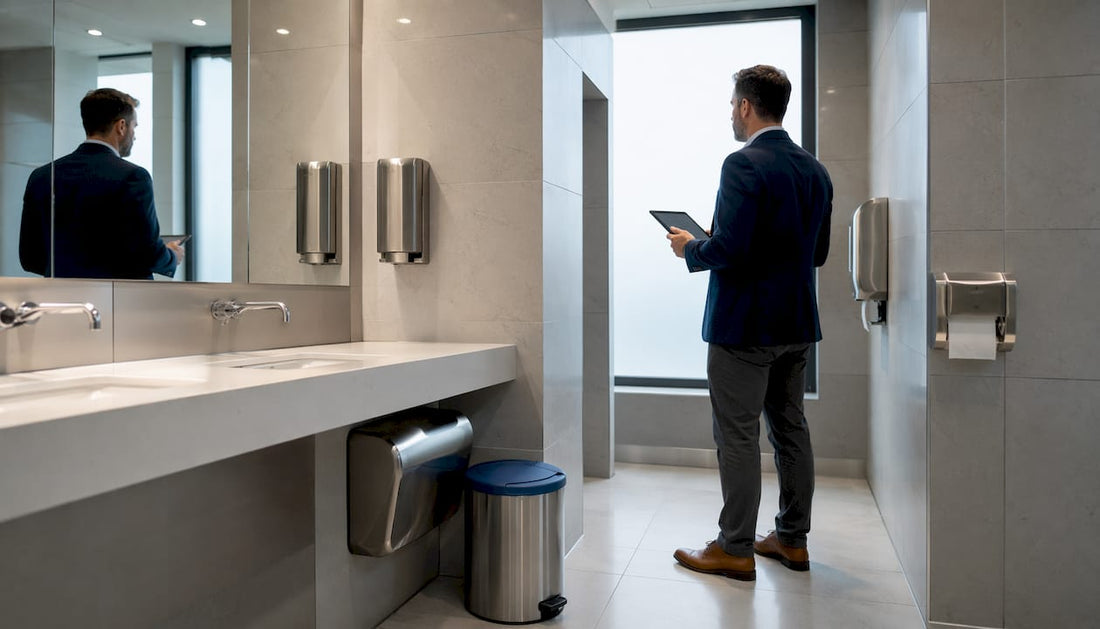 Facilities manager inspecting modern commercial washroom