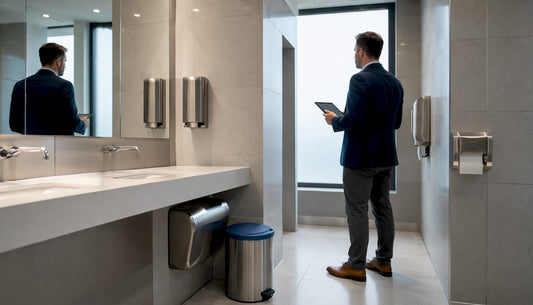 Facilities manager inspecting modern commercial washroom