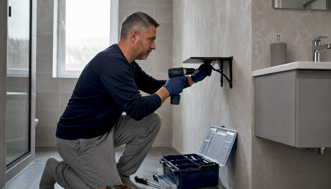 Man drilling bathroom shelf bracket into tiled wall