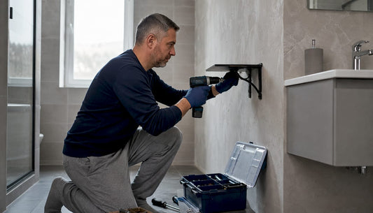 Man drilling bathroom shelf bracket into tiled wall