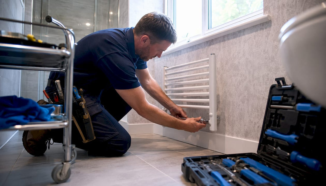Plumber installing bathroom radiator under window