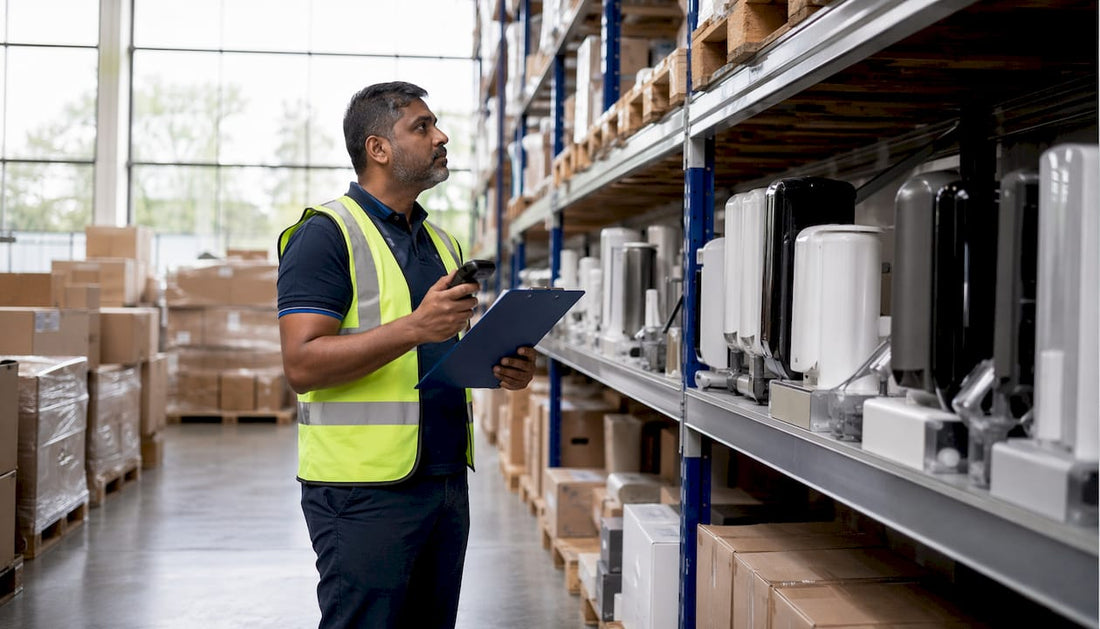 Warehouse manager checking washroom product stock