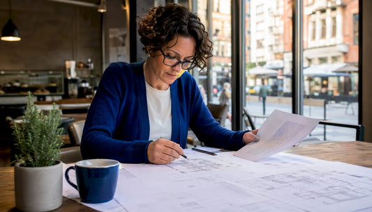 Architect reviewing UK washroom design plans