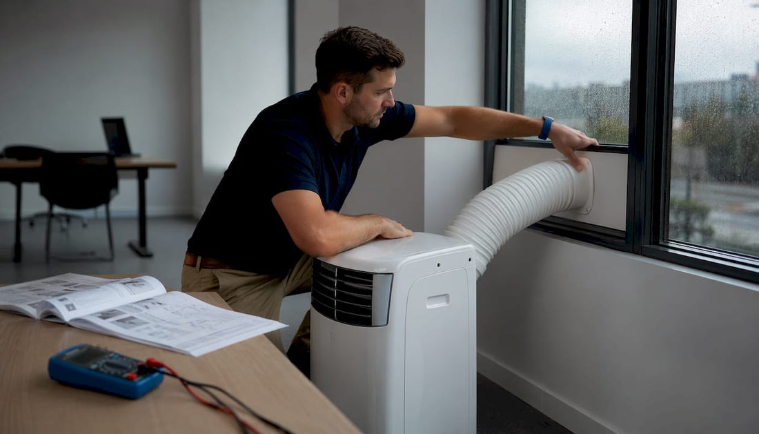 Facilities manager installing portable air conditioner in office