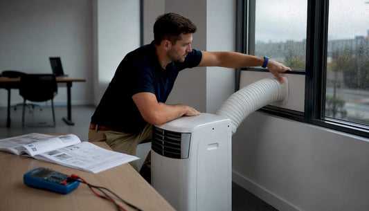 Facilities manager installing portable air conditioner in office
