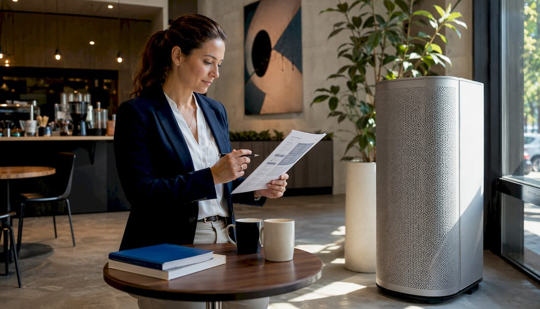 Facility manager reviewing air purifier datasheet