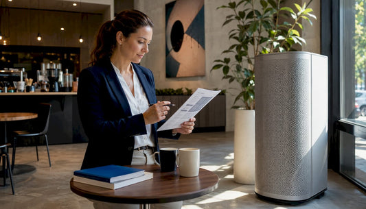 Facility manager reviewing air purifier datasheet