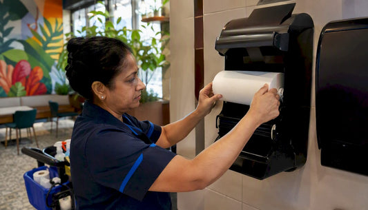 Maintenance worker refilling automatic dispenser