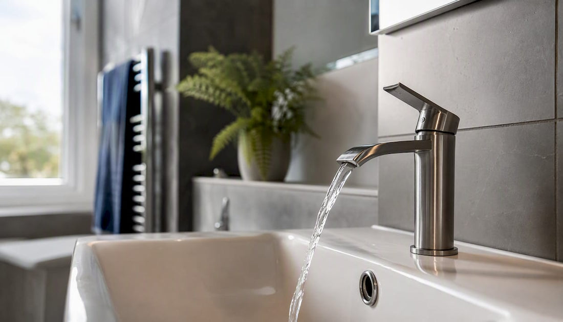 Close-up of modern bathroom taps flowing water