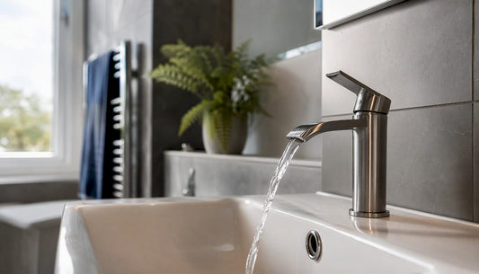 Close-up of modern bathroom taps flowing water