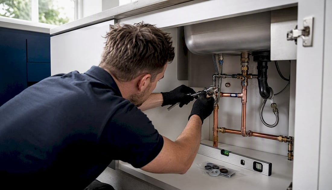 Hands installing boiling water tap plumbing under kitchen sink