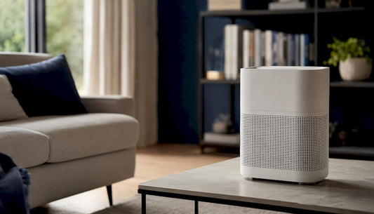 Air purifier on bedside table in bedroom