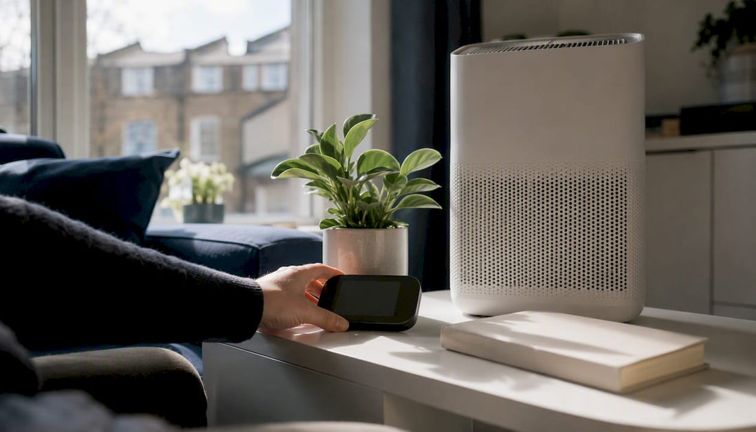 Hand adjusting air quality monitor near air purifier