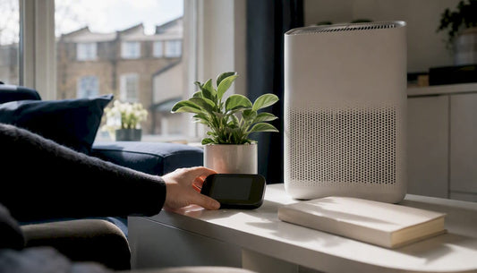 Hand adjusting air quality monitor near air purifier
