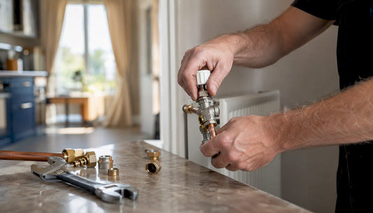 Hands installing radiator valve on pipe