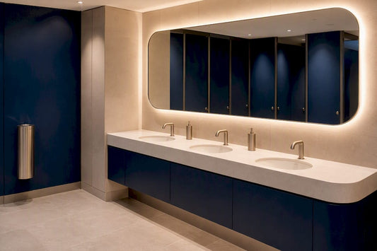Modern commercial washroom with warm white lighting