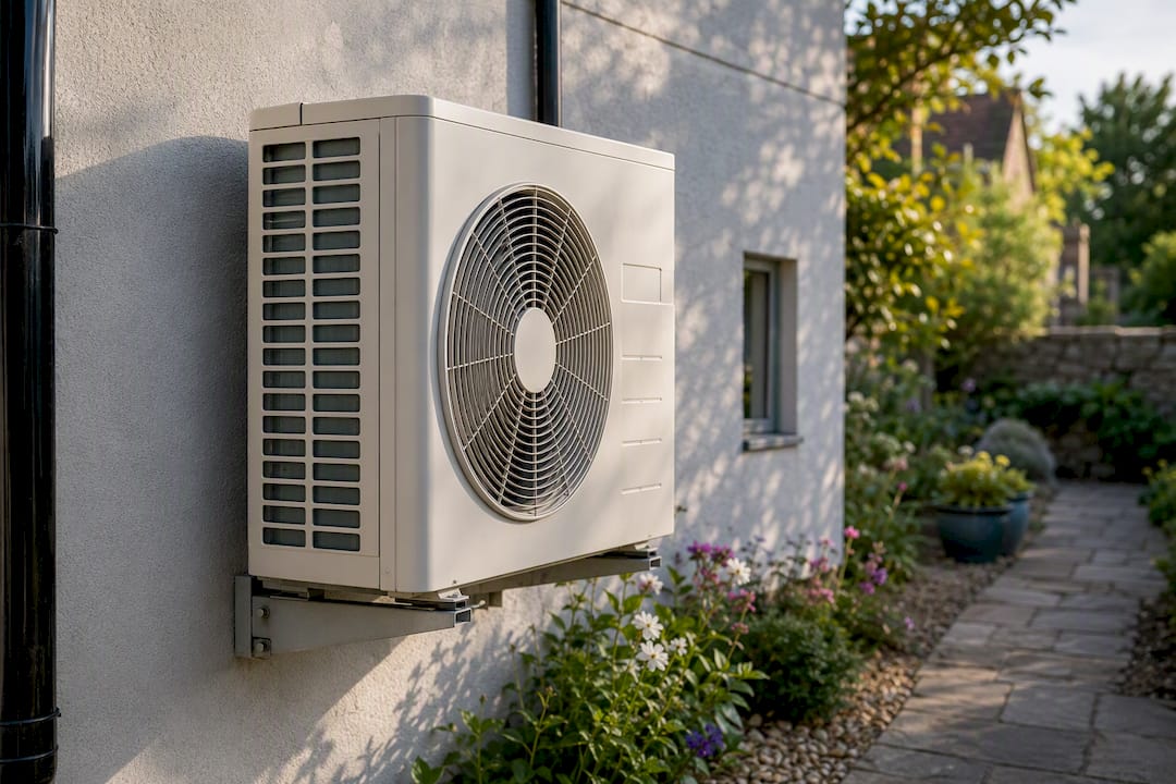 Outdoor AC condenser mounted on house wall