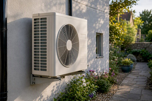 Outdoor AC condenser mounted on house wall