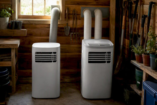Close-up of dual hose and single hose AC units