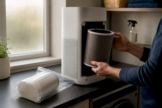 Hands replacing air purifier filter