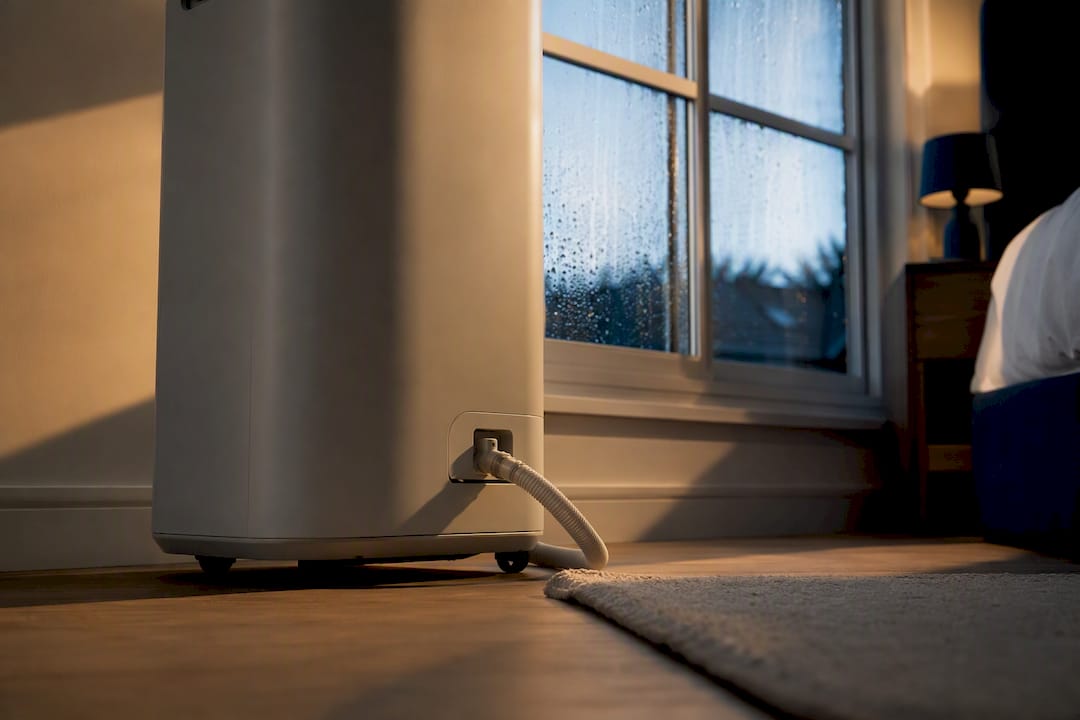 Portable AC beside condensation-covered bedroom window