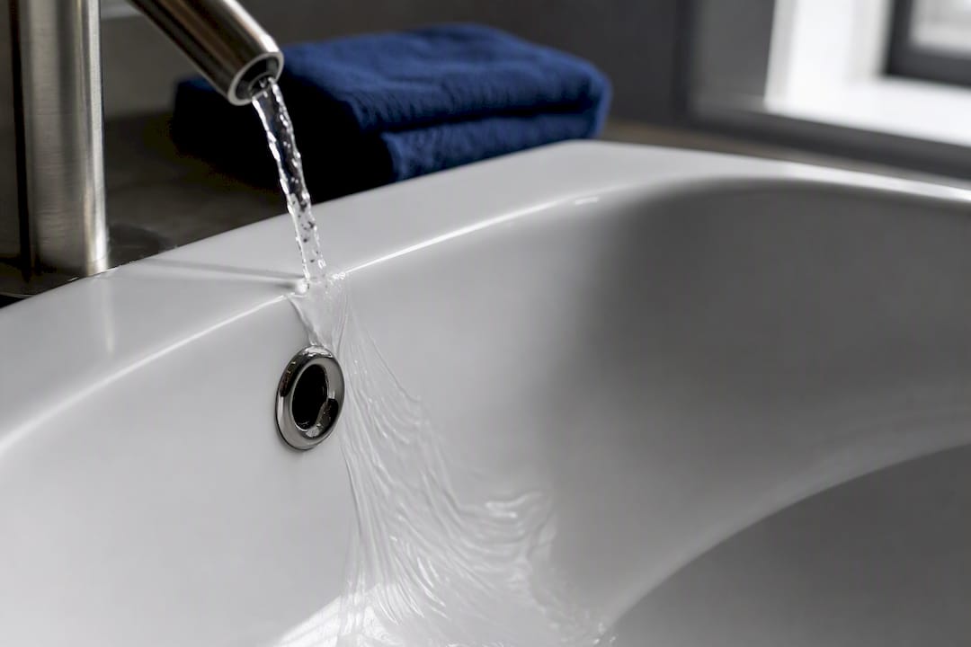 Water flowing toward basin overflow opening