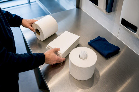 Paper formats beside anonymous washroom fixtures