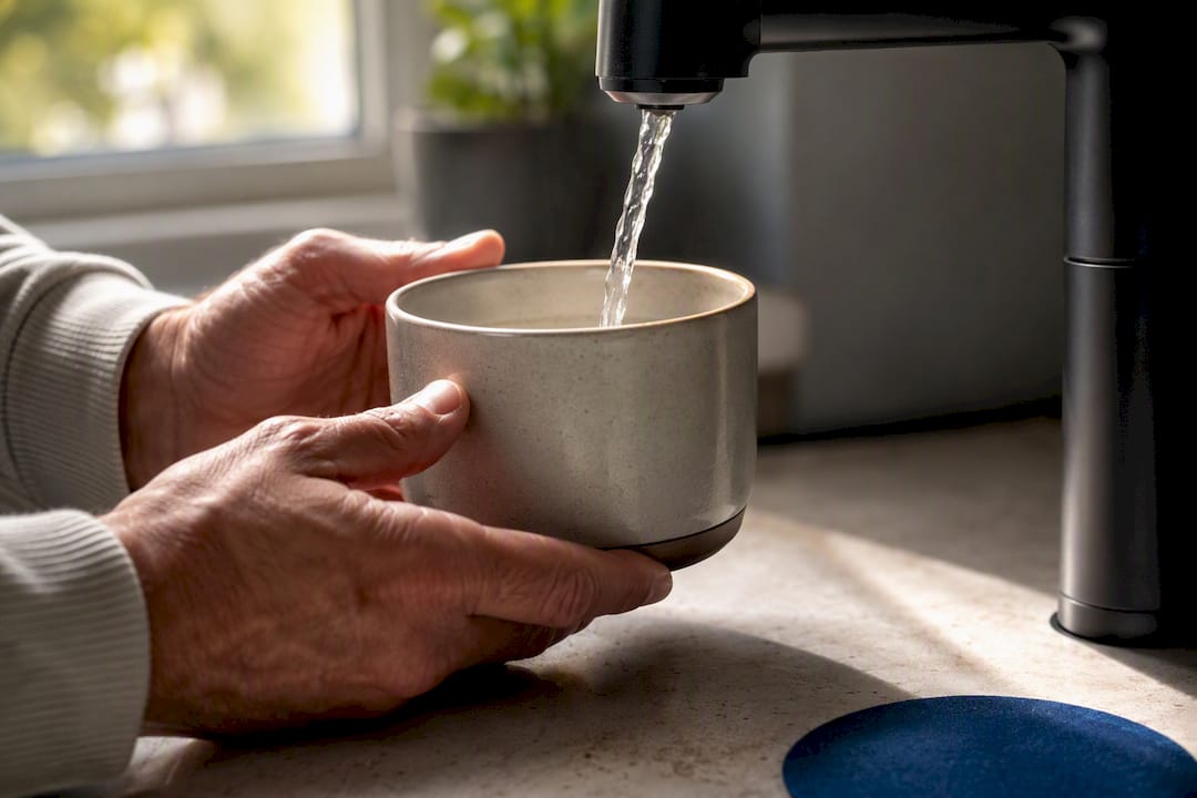 Hands safely positioning cup under tap