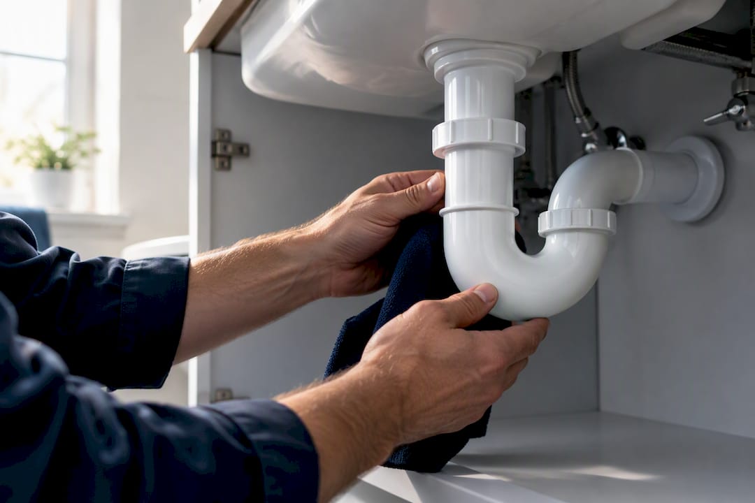 Plumber inspecting basin waste trap