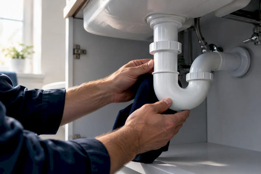 Plumber inspecting basin waste trap