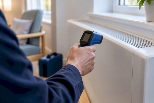 Engineer checking radiator surface temperature