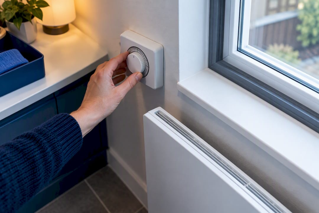 Hand adjusting heater timer beside insulated window
