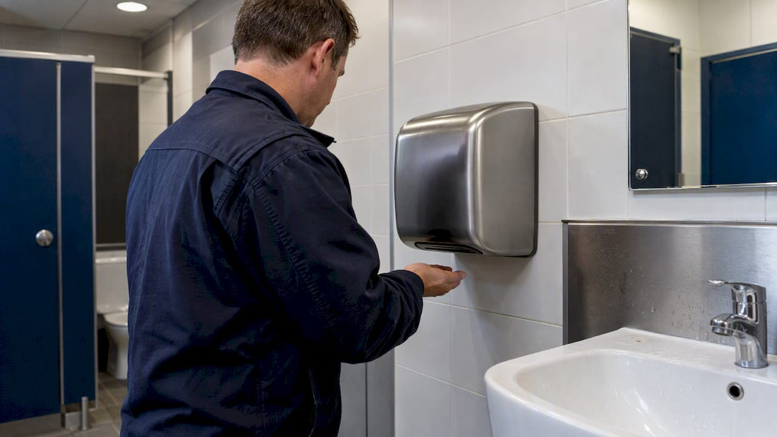 Commercial hand dryer installed in washroom